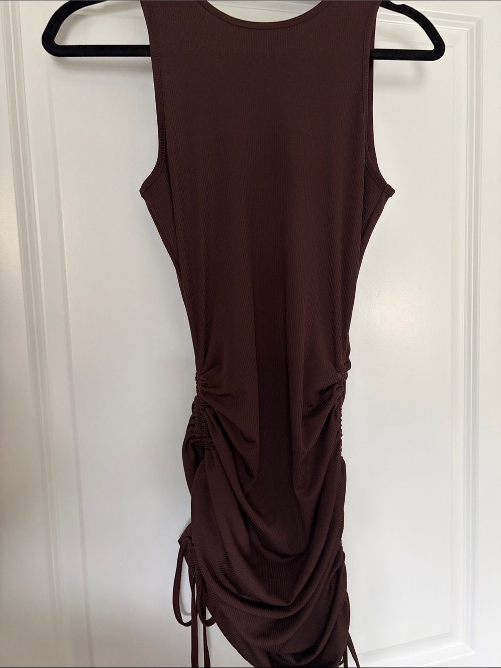 Sleeveless Ruched Textured Midi Dress in Dark Brown Small 4